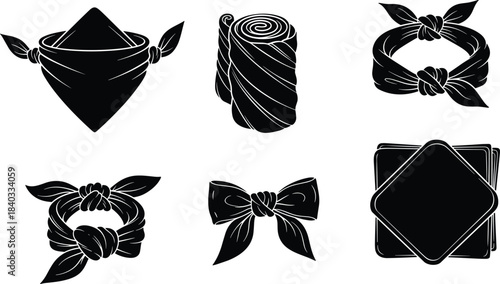 Bandana and Scarf Icons, Various Ways of Folding and Tying Fabric, Fashion Accessories, Black and White Vector Set.
