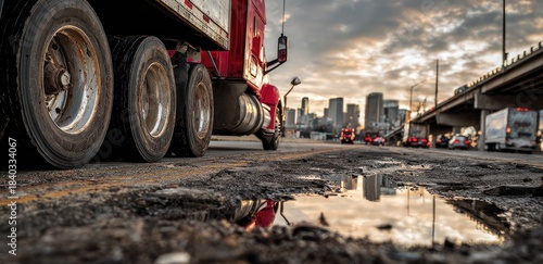 Truck tires on a rough road, city skyline in background, sunset reflection in puddle, and bridge