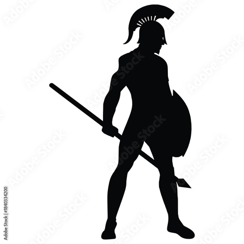 Ancient Warrior Silhouette Clipart – Greek or Roman Soldier with Spear, Shield & Crest Helmet