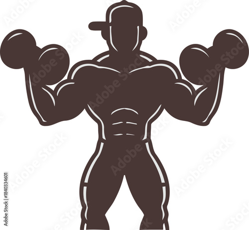 A powerful muscular bodybuilder silhouette confidently holds dumbbells ready for an intense gym workout