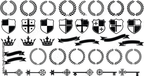 Heraldic Black and White Vector Set, Including Crowns, Shields, Ribbons, Laurels, and Vintage Keys, Royal and Medieval Theme.