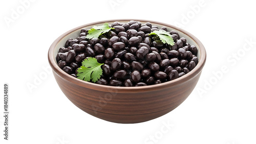 Close-up shot of a ceramic bowl filled with cooked black beans and cilantro isolated on a transparent background