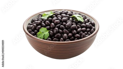Fototapeta Close-up shot of a ceramic bowl filled with cooked black beans and cilantro isolated on a transparent background