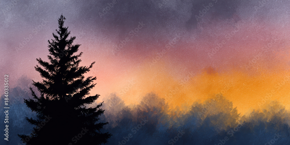 Fototapeta premium Pine tree silhouette sunrise misty forest colorful sky tranquil mood frame