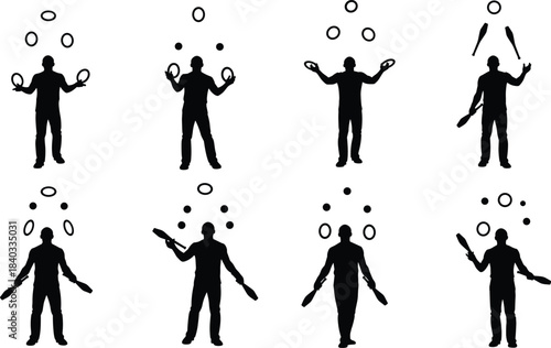 Juggler Silhouettes Throwing and Catching Rings Balls and Clubs Performing Artistic Show Acrobat Circus Entertainment Training Skill Set Vector