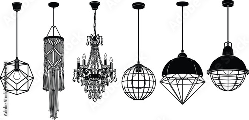 Modern and Industrial Chandelier Icons, Hanging and Macrame Ceiling Lamps, Home Lighting Fixtures, Black and White Vector Set.