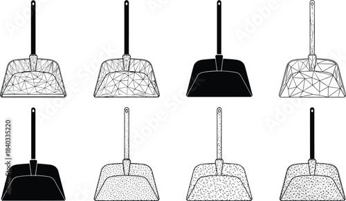  Set of dustpan illustrations in different styles, including solid black silhouette, geometric low-poly wireframe, and texturedgranular patterns, representing cleaning, housework, tool, and hygiene co