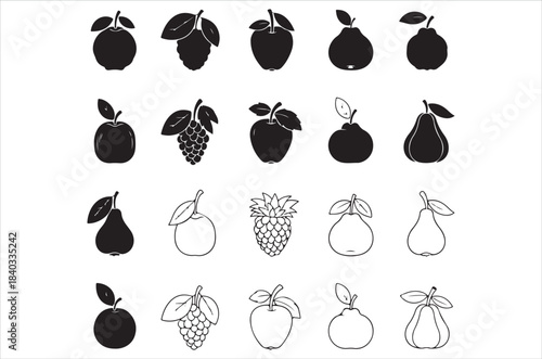 Collection of various fruit silhouettes in black and white illustration style