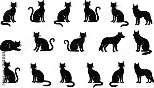 Collection of Black Silhouette Cats and Feline Animals in Various Sitting and Standing Poses, Simple Flat Vector Illustration Set for Logo or Pet Shop Design, Isolated on White Background,
