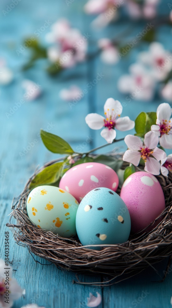 Obraz premium Colorful easter eggs nesting with spring blossoms