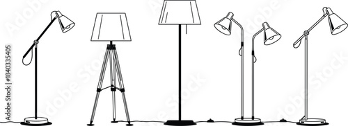 Set of Modern Floor Lamp Icons, Home Lighting Fixtures, Study and Living Room Illumination, Black and White Line Art.