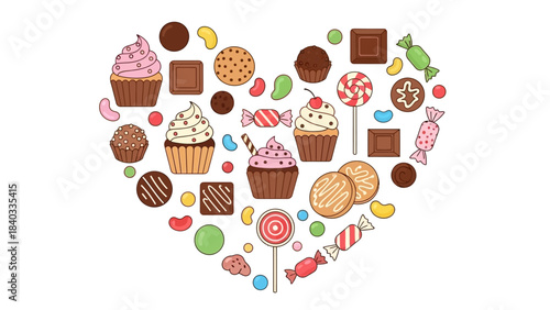 Colorful illustration of various sweet treats, including cupcakes, chocolates, candies, and cookies, arranged in a heart shape.