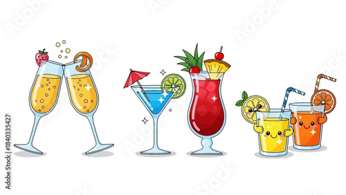 Colorful Cocktail and Juice Drinks Illustration Set for Party, Summer, Bar, and Celebration