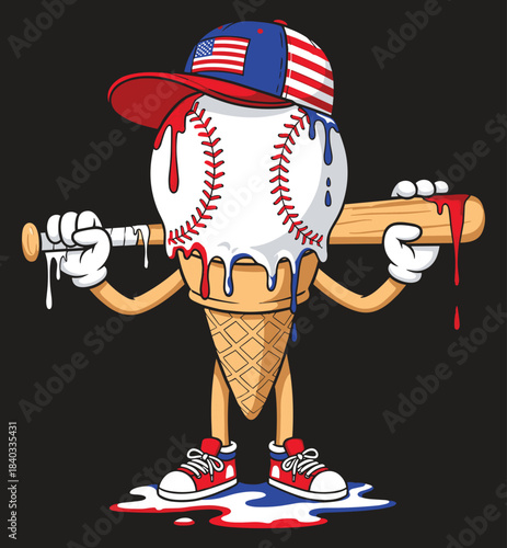 Patriotic Dripping Baseball Ice Cream Character with Bat Vector Art.