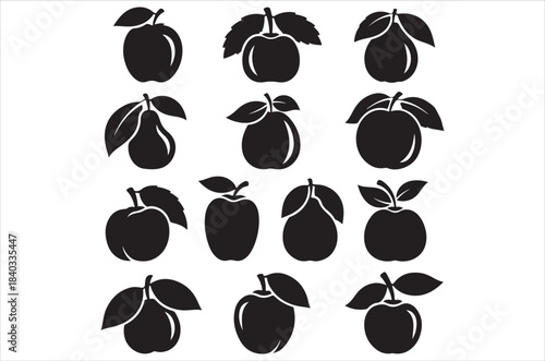 A collection of black silhouette fruit icons apples pears and plums