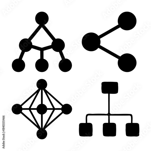 Data network, connection, and hierarchical structure black icons Vector