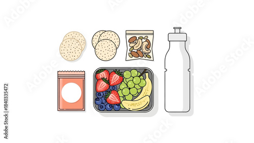 Healthy Lunch Box Illustration with Fruit, Snacks, Nuts, and Water Bottle for School, Work, or Travel