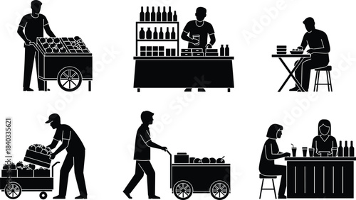 Street Food Vendor and Market Seller Silhouette Set, People Shopping and Eating at Stalls Vector Icon Pack, Commerce and Service Collection