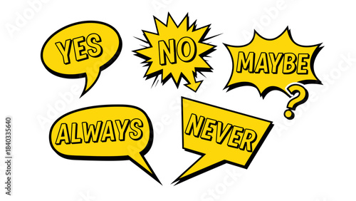 Comic Yellow Speech Bubbles with Yes No Always Maybe and Never Words