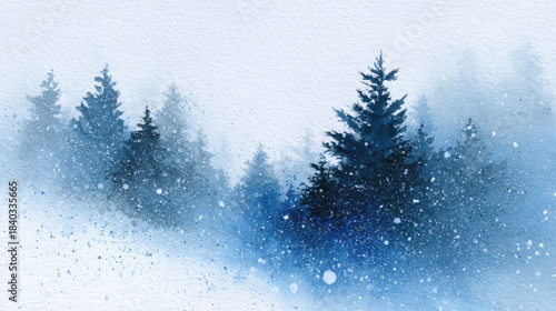 Glowing evergreen silhouette watercolor snowfall winter forest pine blue