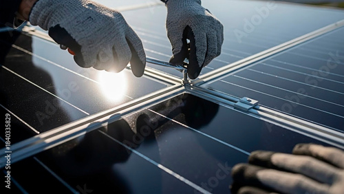 Hands of technician mounting solar panels with the concept of renewable energy and sustainability.