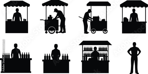 Street Vendor Silhouettes, Stall and Cart Icons, Selling Food, Beverages, and Merchandise, Black and White Vector Set.