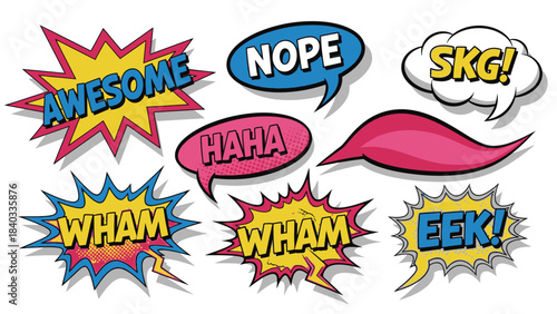 Colorful Comic Speech Bubbles with Exclamations like Awesome Wham Nope Eek Haha Skg