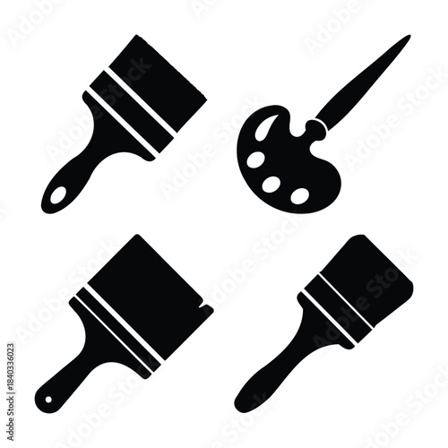 Essential art supplies: paint brushes and palette, creative tools Vector