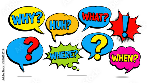 Cartoon Question Speech Bubbles Set in Retro Pop Art Style with Comic Questions