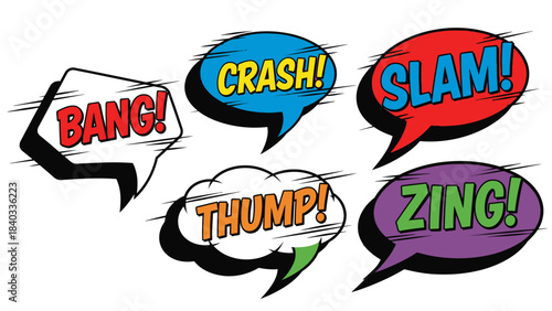Cartoon sound effects set with stylized comic book bubbles