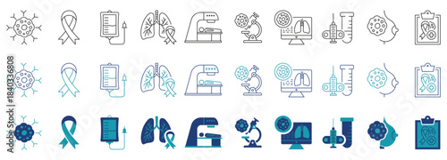 Oncology and cancer diagnosis icons set. Medical awareness, screening, and treatment symbols.