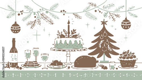 Christmas Feast Silhouette Set with Turkey, Festive Holiday Dinner Vector