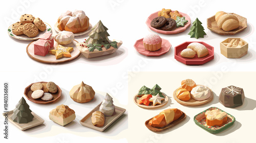 Charming collection of pastries cookies cakes and holiday themed treats illustrated with warm colors perfect for bakery menus festive graphics and dessert themed design projects.