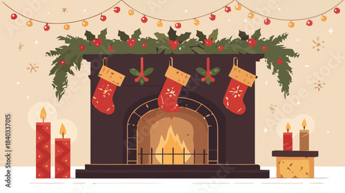 Christmas Fireplace Silhouette Vector with Stockings, Cozy Holiday Hearth