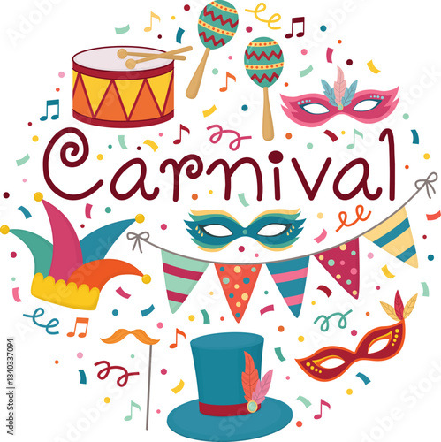 Round carnival and masquerade banner with bright elements. Set with masks, hats, drum, garland, maracas, confetti and serpentine