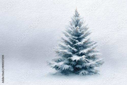 Snowy christmas tree winter scene fog hand painted watercolor