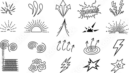 Collection of hand-drawn doodle-style abstract energy and power symbols
