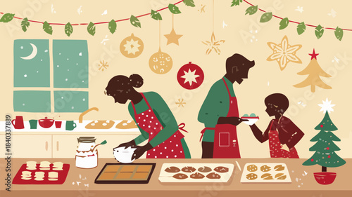 Family Holiday Cooking Silhouette Vector Preparing Christmas Dinner