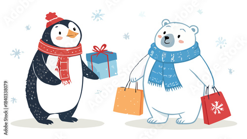 Penguin and Polar Bear Christmas Silhouette Vector Friends