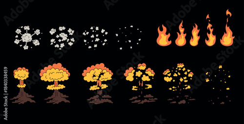 Set of explosions and smoke. Explosion mushroom animation. Vector icon of nuclear explosion bomb. Explosion with cloud of fire isolated icons, game animation. Nuclear mushroom fireball.