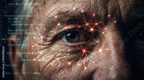AI facial recognition biometric scan, glowing neural network superimposed over an elderly man's intense eye, deep learning security concept.