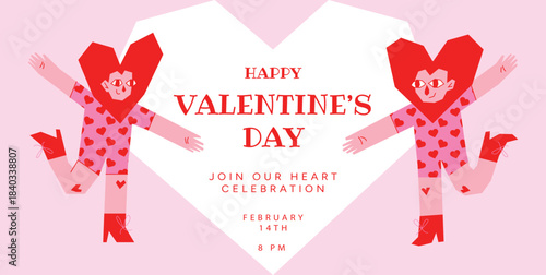 Valentine Heart Characters dancing on pink background, central white Heart with Happy Valentines Day text. Cute event invitation layout, vector illustration for posters and banners.