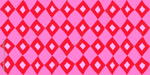 Abstract seamless horizontal geometric bright modern pattern of red diamonds in a row on a pink background, simple vector hand-drawn illustration, drawing, flat style