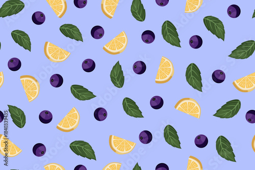 Summer seamless vector pattern with blueberries, bilberries, lemon slices, and green leaves on a light blue background. Fresh, vibrant design perfect for prints, packaging, and textiles.