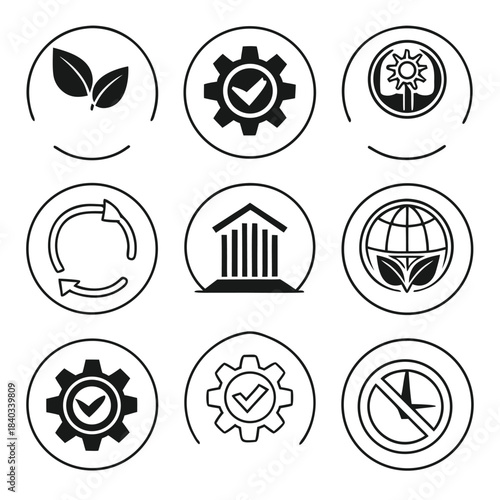 Collection of nine circular icons representing environment, social, and governance concepts in black and white