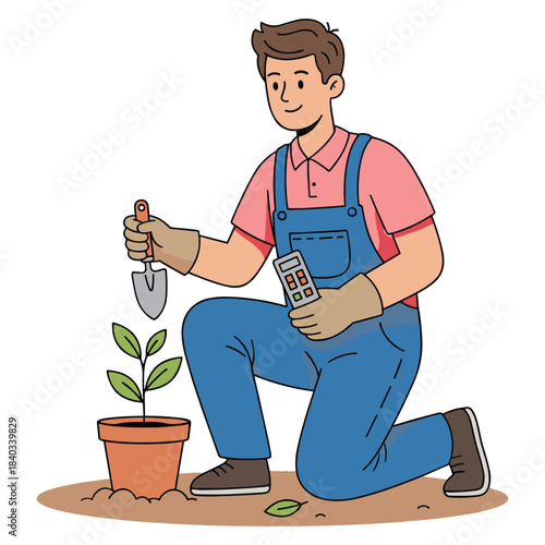 Gardener Planting Seedling and Testing Soil