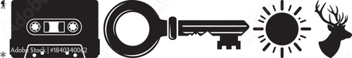 Collection of black vector icons depicting cassette key sun and deer head isolated against transparent background