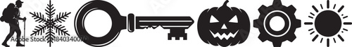 Assortment of dark vector elements depicting hiker snowflake key pumpkin lightbulb gear sun and athletic woman figure