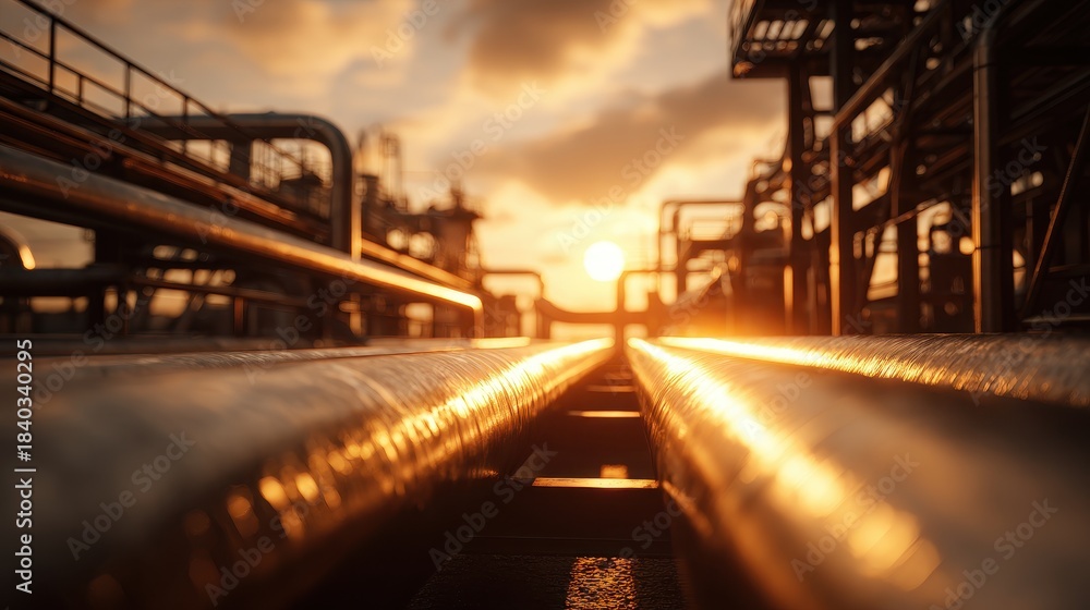 Fototapeta premium Warm sunset light illuminates a complex network of industrial pipelines and infrastructure at an oil and gas refinery