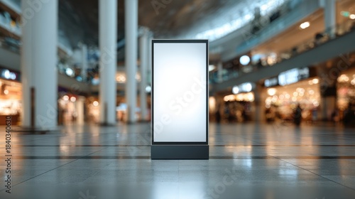Modern blank digital display screen in a large, contemporary shopping mall interior, ready for advertising